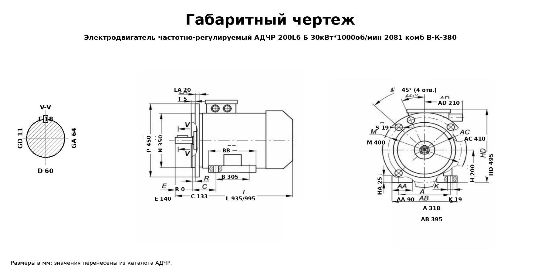 Чертеж Электродвигатель частотнорегулируемый АДЧР 200L6 Б 30кВт*1000обмин 2081 комб ВК380