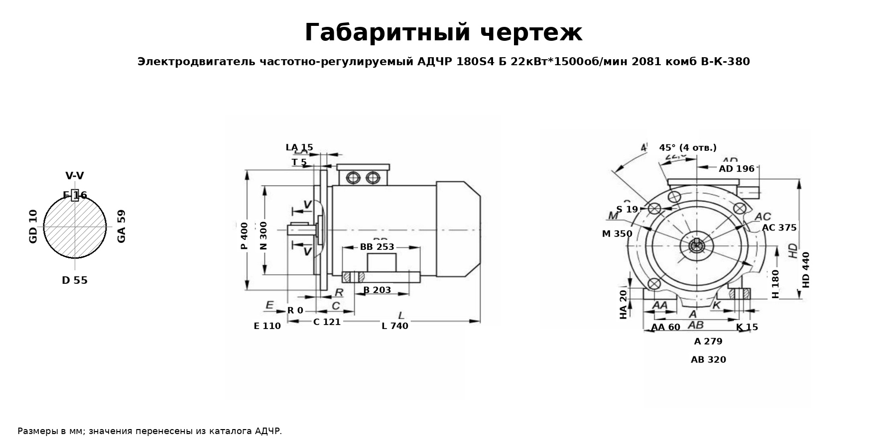 Чертеж Электродвигатель частотнорегулируемый АДЧР 180S4 Б 22кВт*1500обмин 2081 комб ВК380